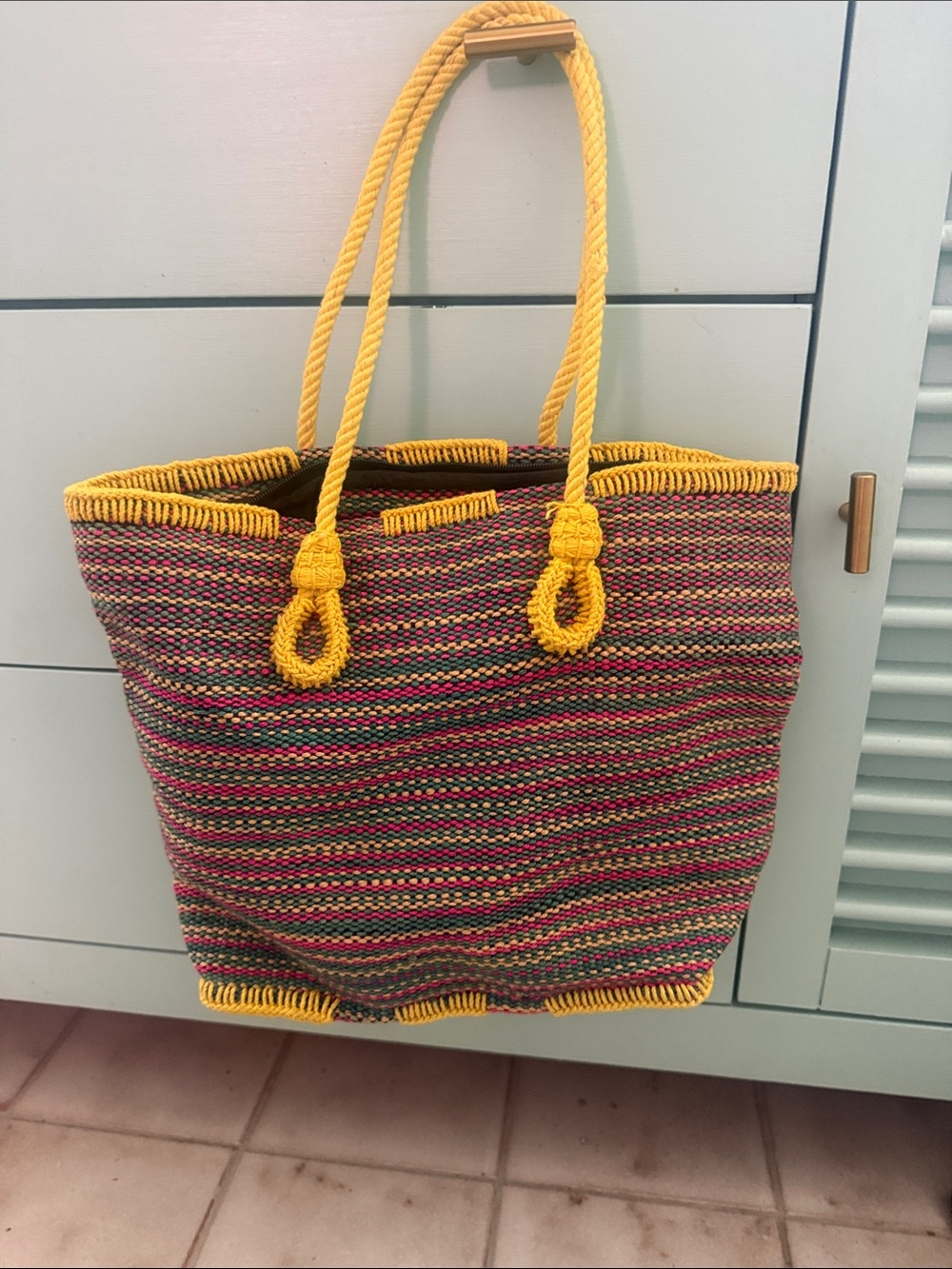 Woven Striped Tote with Yellow Rope Handles